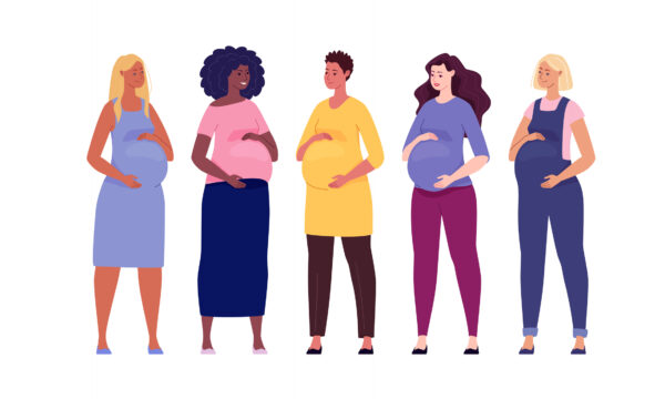 Set of beautiful pregnant women hugging their big bellies. Illustration. Vector in a flat cartoon style.