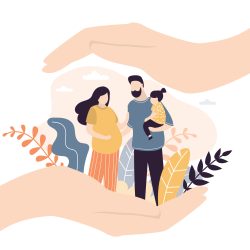 Insurance and healthcare concept background. Big hands covering tiny young love couple with care.Medical or financial assurance,family care banner template. Pregnant woman with husband and child. Vector